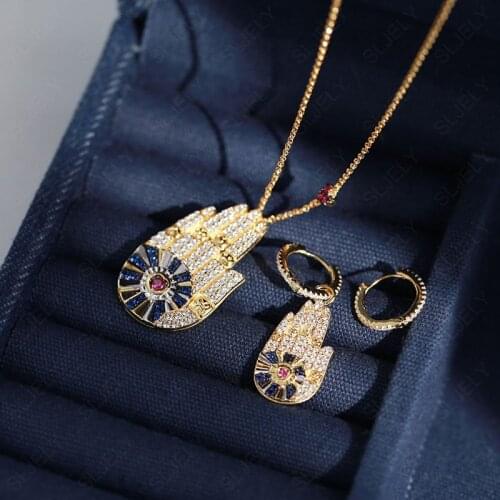 SLJELY Women 925 Sterling Silver Jewelry Set Yellow Gold Color Hamsa Lucky Hand Pendant Necklace Asymmetric Charm Palm Earrings