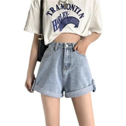 Summer Wide Leg Denim Shorts Women High Waist Straight Jeans Rolled Jeans Short Pants Casual Straight Retro Blue Shorts Girls