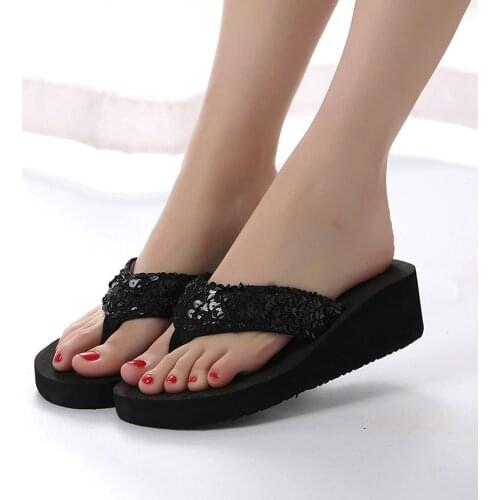 Summer Women Flip Flops Casual Sequins Anti-Slip Slippers Beach Flip Casual Women Wedges Platform Slipper Open Toe Outdoor Shoes