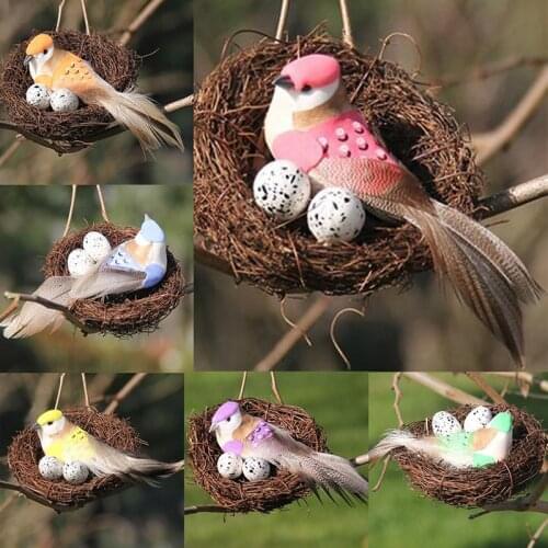 4pcs/set Artificial Feather Bird Nest Set Rattan Handmade Craft Vintage Home Party Supplies Garden Props Easter Decoration