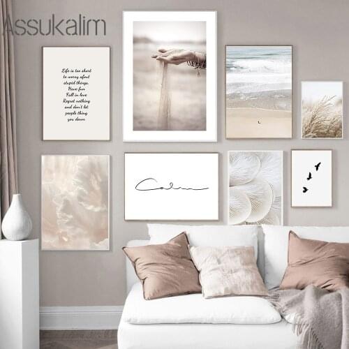 Hand Sand Canvas Painting Reeds Mushroom Birds Beach Wall Art Print Nordic Poster Prints Decoration Pictures For Living Room