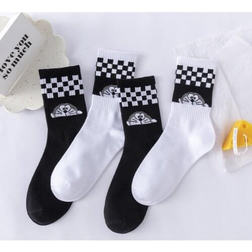 Dorayaki Super Power Dorae Cat From The Future Crew Socks Black and White Check Plaid Flag Daily Japanese Cartoon Anime Peekaboo