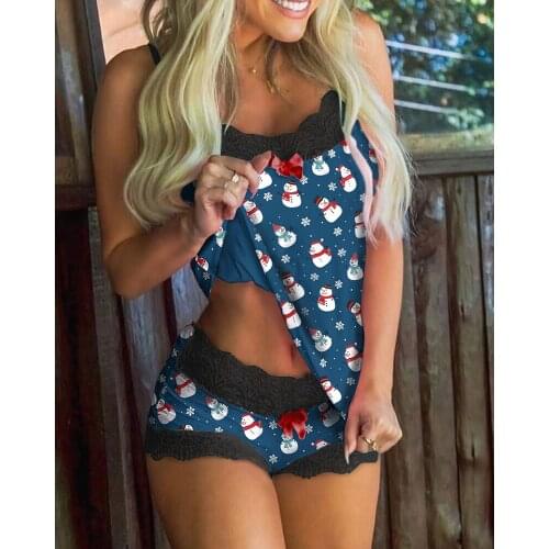 2020 Women Sleepewear Sexy U-Neck Pajamas Set Female Patchwork Christmas Snowman Print Lace Cami Set Casual Soft Elastic Casual