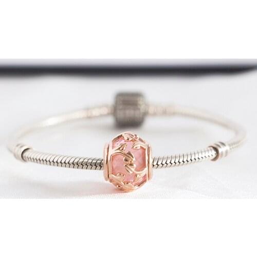 Authentic S925 Silver Rose Decorative Leaves With Crystal Bead Charm fit Lady Bracelet Bangle DIY Jewelry