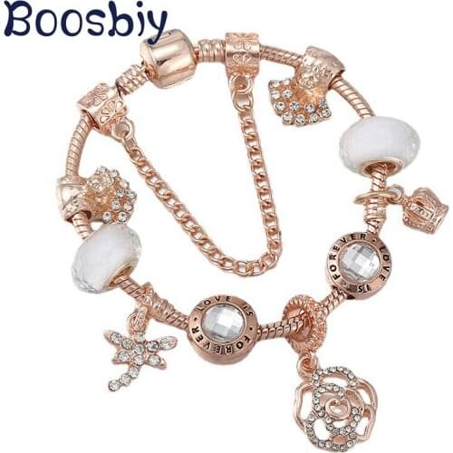 DIY Cute Roses & Dragonflies Pendants Fits European Style Snake Chain Charm Bracelet For Women Fashion Brand Jewelry Gift