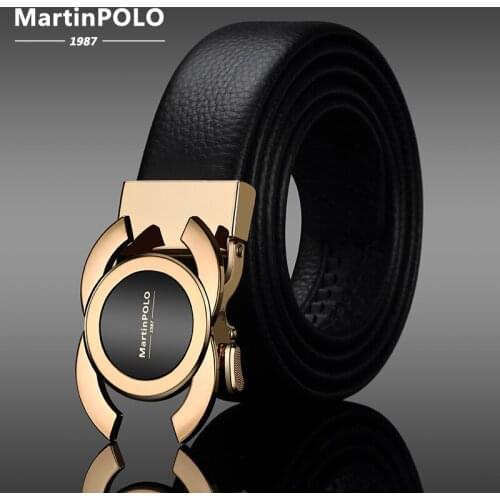 MARTINPOLO Genuine Leather Belt Men Luxury Leather Belts for Men Strap Male Alloy Automatic Buckle Fashion Mens Belt Gold MP370