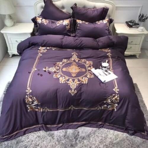Egyptian Cotton Luxury Bedding Sets Silk Soft Bedclothes Queen King Size Embroidery Duvet Cover Bed sheet set 4pcs Purple Grey