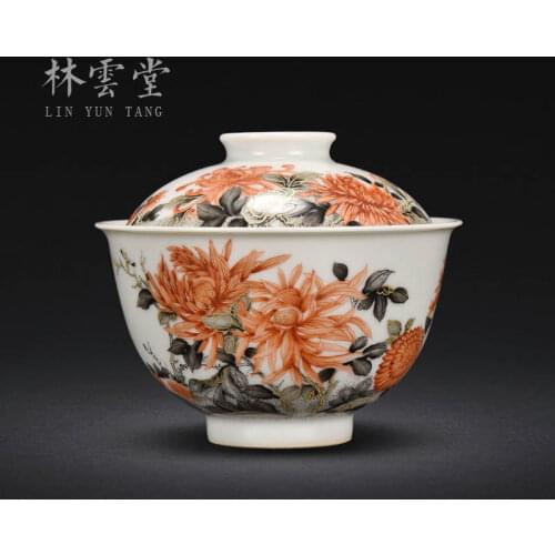 Hand painted alum red ink painting gold chrysanthemum Ercai cup Jingdezhen Ceramic overglaze color tea bowl tea set