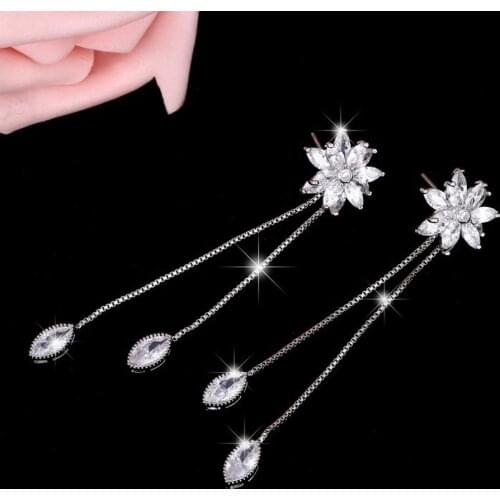 Korean Style Fashion Crystal Flowers Ear Studs Silver Needle Long Drop Earrings Women Ear jewelry