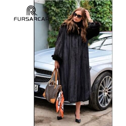 FURSARCAR 2020 Winter Real Mink Fur Coat Women Whole Skin Genuine Mink Fur Female Coat With Turn-down Collar 120 CM Length