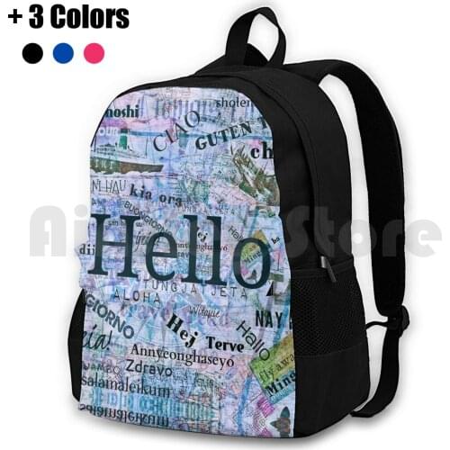 Hello In Different Languages Outdoor Hiking Backpack Waterproof Camping Travel Entryway Typography Hola Ciao Salut Hello