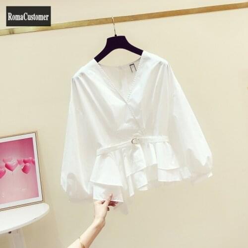 Korean 2021 Autumn New V-Neck Long Sleeve Irregular Ruffle White Womens Casual Shirt Slim Pullover Solid Elegant Female Blouse