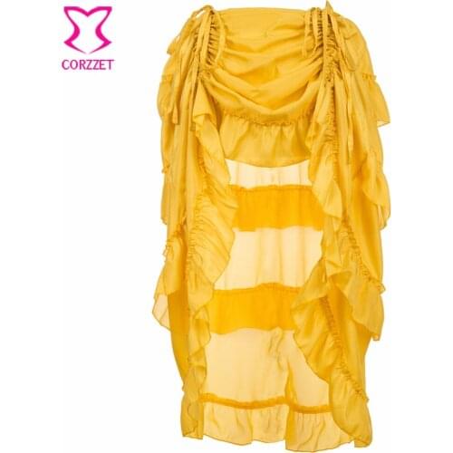 Yellow Ruffles Chiffon Adjustable Front Length Victorian Skirts Womens Gothic Skirt Women Corset Steampunk Skirt Plus Size 6XL