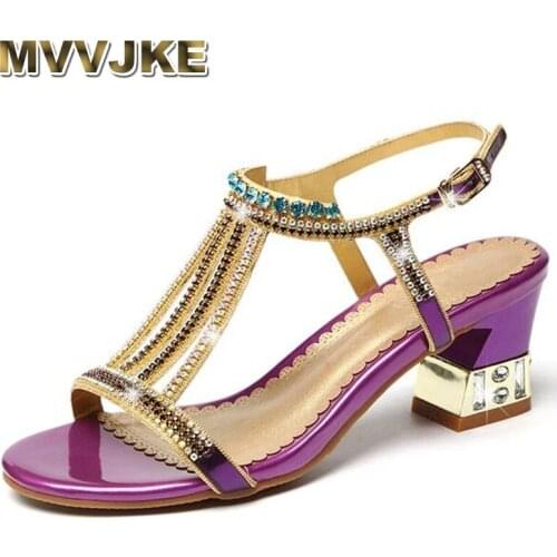MVVJKE summer new all-match rhinestone square heel sandals large size banquet dress womens shoes small size bridesmaid shoes