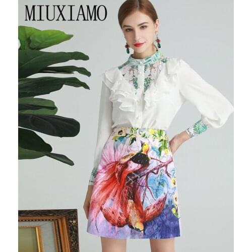 MIUXIMAO 2021 Spring Summer New Long Sleeve Ruffles White Shirt and Flower Print Diamonds Skirt Fashion Suit Two-Piece Set Women