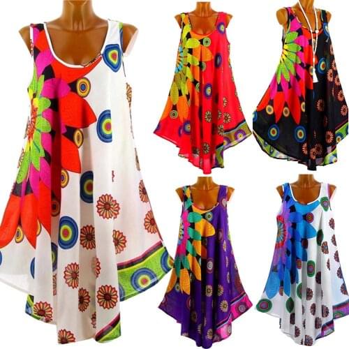 New Casual Summer Women Round Neck Sleeveless Sunflower Print Loose Irregular Dress