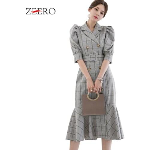 2019 Korean Women Autumn Notched Neck Plaid Dress Vintage OL Puff Sleeve Double Breasted Midi Mermaid Dresses Vestidos Plus Size