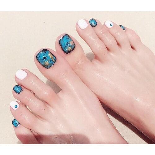 24pcs Summer Marine Bronzing Seahorse Starfish False Toe Nails Decoration Red Wide Toe Nail Tips Artificial Diamond Nail Art