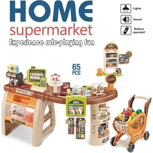 52pcs/65pcs New Multi Function Simulation Large Supermarket Shopping Suit Mini Cart Cash Register Toys Children Pretend Play