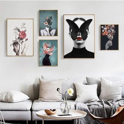 Flower Woman Abstract Canvas Painting Black Butterfly Sexy Lady Wall Art Poster Print Fashion Art Picture Living Room Home Decor