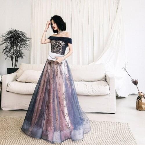 Sequins Off Shoulder Evening Dresses 2020 Sleeveless A-Line Sparkle Formal Dress Long Elegant Robe De Soiree Gown