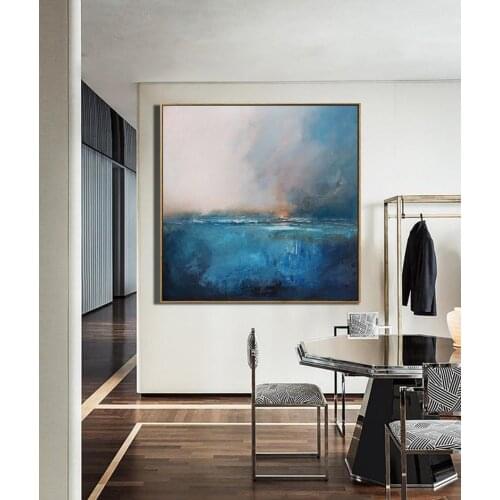 Large Sea Level Blue Oil Painting Wall Art Blue Abstract Painting Sky Landscape Oil Painting Large Ocean Canvas Oil Painting