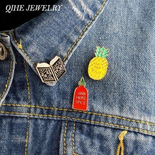 3pcs/set Brooches and pins Book Pineapple Spice Bottle Enamel pins Fruit Badges Book Lover Gift Jewelry