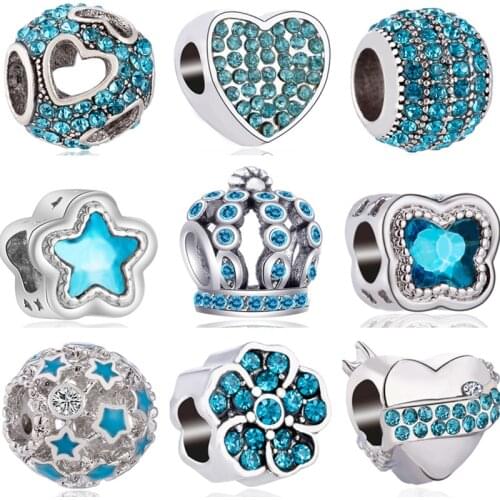 Sky Blue Color Crystal Owl Leaf Crown Hearts Flowers DIY Beads Fit Pandora Charms Bracelets & Bangles for Women Summer Trinket