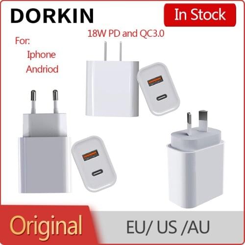 18W Quick Charger PD USB Type-C Adapter for IPhone and Andriod Fast Charging EU US AU Plug Travel PD and QC3.0 Dual Charger Port