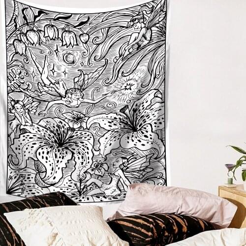 Black and White Floral Tapestry Simple Painting Life Tree Wall Decoration Sea Waves Mermaid Home Wall Decor for Girls Drom Room
