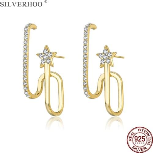 SILVERHOO 925 Sterling Silver Shiny Star Gold Color Earrings For Women Single Row Crystal Zircon Stud Earring Fine Jewelry Gift