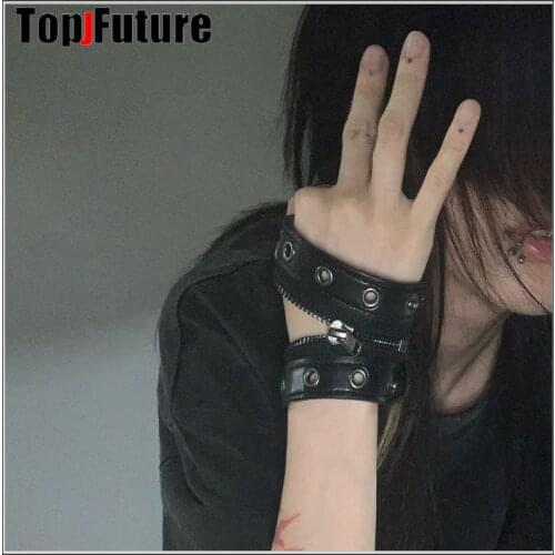 Gothic Lolita Cosplay Harajuku women men zipper girl leather punk hip hop skeleton buckle bracelet strap Halloween Cosplay props