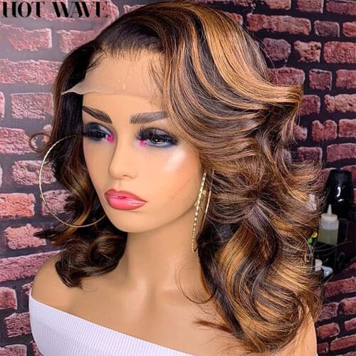 HotWave 4/30 Highlight T Part Short Bob Wig Ombre Body Wave Lace Frontal Wig Wet And Wavy Transparent Lace Front Human Hair Wigs