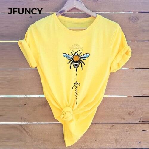 JFUNCY Plus Size Women T-shirts 2020 Summer New Bee Printed T Shirt Female Short Sleeve Cotton Tee Top Woman Casual Loose Tshirt