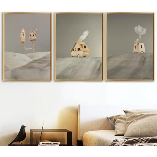 Surrealism Log Cabin Canvas Painting Nordic Style Landscape Posters and Prints Wall Art Pictures for Living Room Home Decor