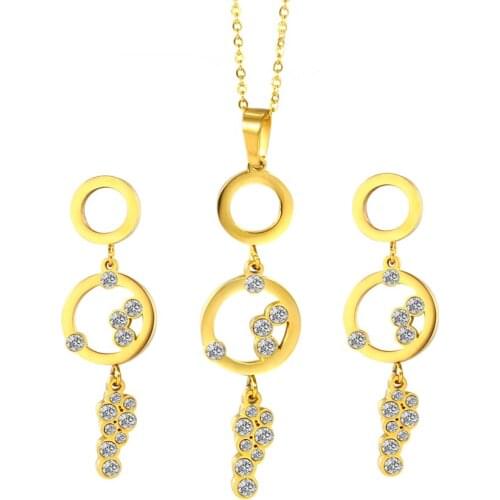 Cardy Koala one set gold color necklace earrings with round luxury crystal for elegant stainless steel women jewelry set