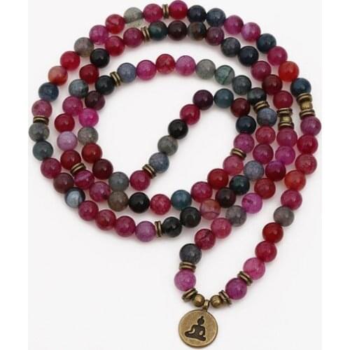 Red 108 beads 8mm elastic adjustable Lotus life tree Buddha OM eye Chakra Reiki agate Onyx Yoga Bracelet necklace oklk3
