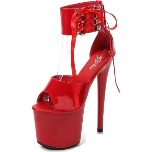 LEOPARD LAND Patent Leather 20cm Super High Heels Stiletto Sexy Rivet Waterproof Platform High Super High Sandals Summer LFD