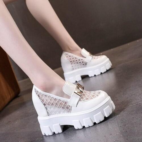 British Small Leather Shoes Womens Summer Thin Section Net Gauze Hollow Thick-soled Inner Increase Women Shoes