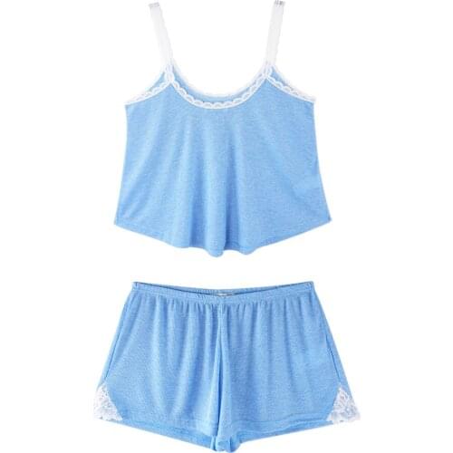 Fashion Solid Camis Tank Tops Lace Patchwork Sexy Shorts Lingerie Pajamas Sets for Women Spring Summer Loose Nightgown Female