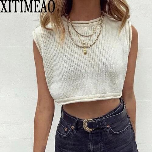 Za Women Fashion Solid Color Simplicity Knitted Vest Sweater O-neck Vintage Sleeveless Female Waistcoat Chic Tops