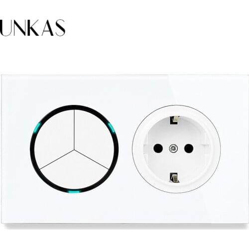 UNKAS 3 Gang 1 Way / 2 Way + EU Standard Wall Power Socket On / Off Light Switch LED Indicator White Crystal Glass Panel 16A