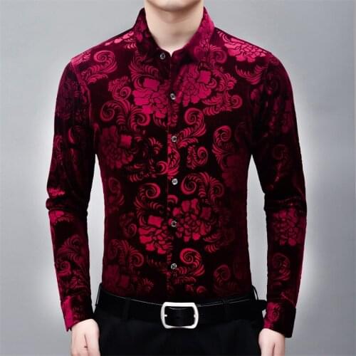 New 2020 Man Velvet Clothing Autumn Floral Dresses Long Sleeve Male Velour Shirts