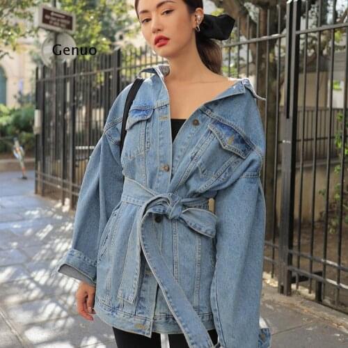 New Autumn Winter Womens Denim Jackets Sashes Lace Up Outerwear High Street Fashionable Blue Long Jeans