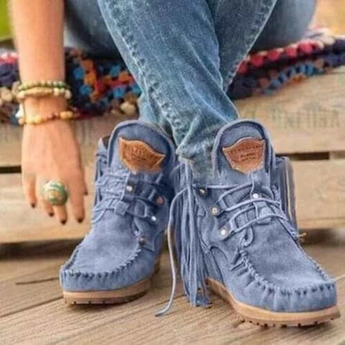 New Suede Thick-soled Solid Color Lace-up Fringed Boots Women Non-slip All-match Large Size Ladies Cowboy Short Boots
