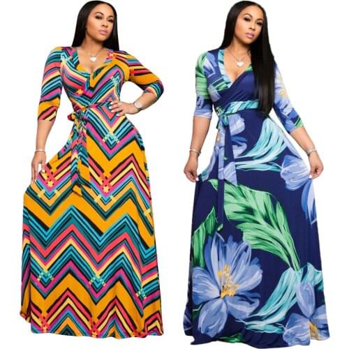 Multicolor Printing V-neck Maxi Dresses Three Quarter Sleeve High Waist Lace-Up A-line Dress Bohemian Style Summer Beach Dresses