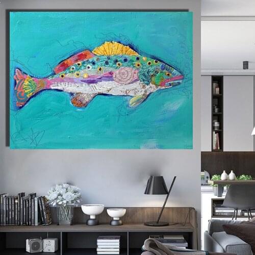 QKART Wall Decor Artwork Painting Fish Swimming Oil Painting on Canvas Wall Pictures for Living Room Poster Home Decor