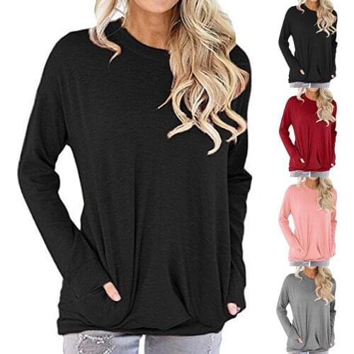 Spring Autumn Shirt Women T-Shirt Casual Solid Color Long Sleeve Blouse Pockets Loose Tunic T-shirt female Pullover Clothing