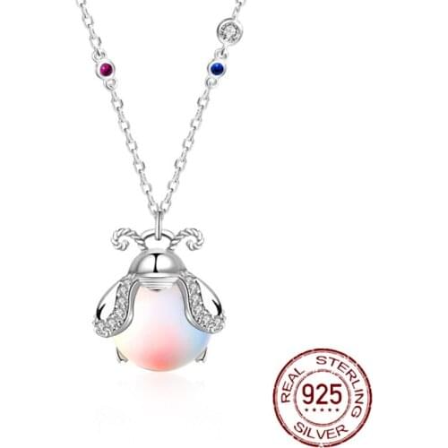 S925 sterling silver firefly necklace female ins forest colorful moonstone insect pendant clavicle chain