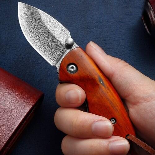 Stainless Steel EDC Folding Knife Damascus Portable Pocket Knife Japan Wood Fruit Picnic Knife Portable Outdoor Tool 3.75inch
